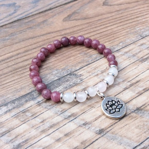 Lepidolite & Rose Quartz bracelet with Lotus charm, crystal healing - Picture 2 of 9